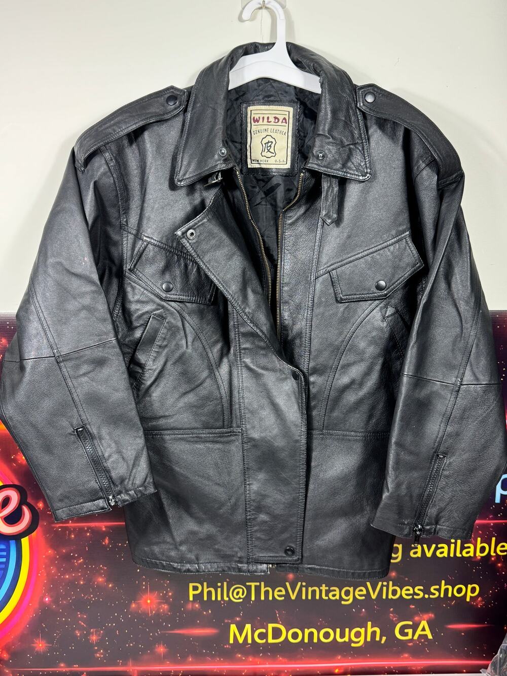 Men's Vintage Wilda Genuine Leather Black Motorcycle Jacket Made in USA Large